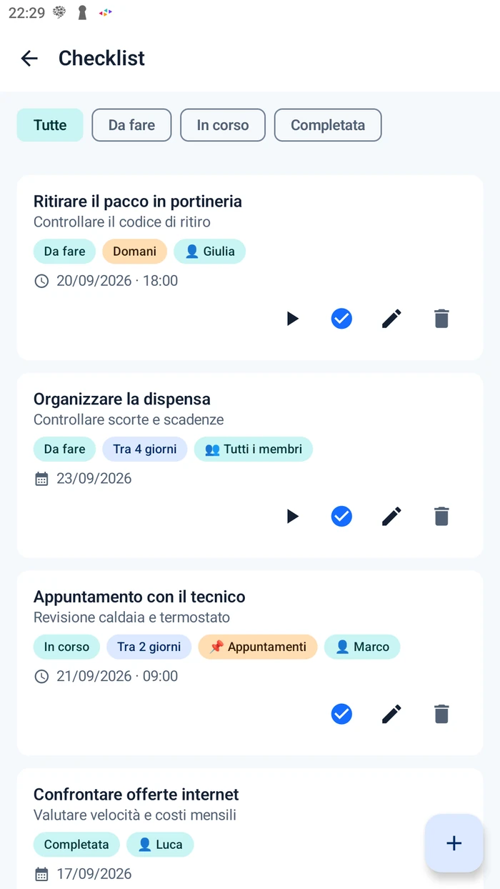 Stanzia, schermata Checklist: filtri per stato e attivit&agrave; con assegnatario e scadenza