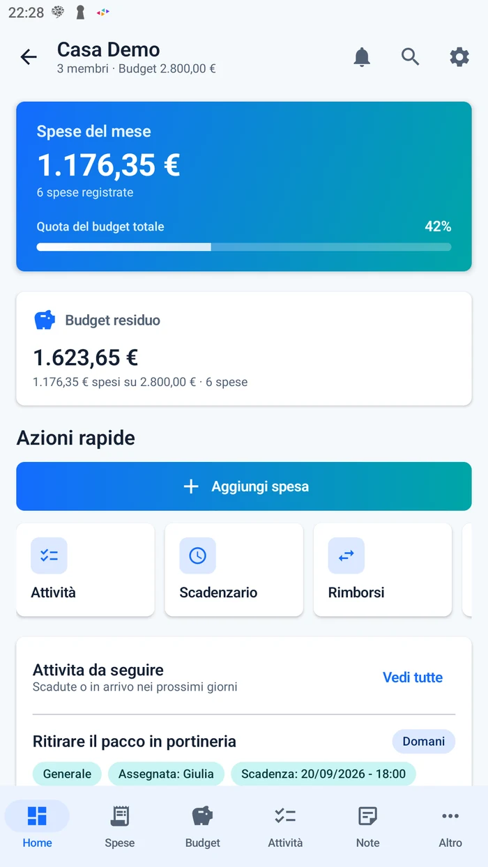 Stanzia, schermata Home: spese del mese, budget residuo, azioni rapide e attività da seguire