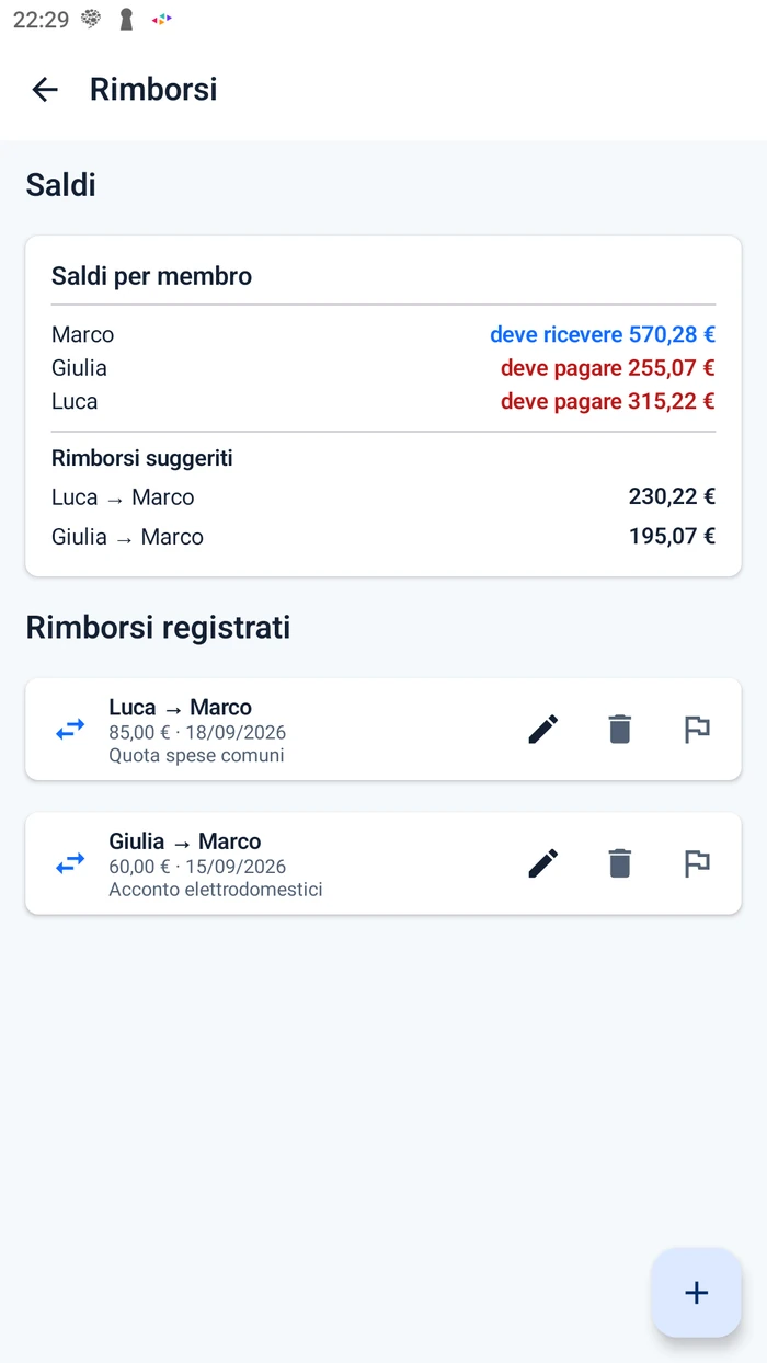 Stanzia, schermata Rimborsi: saldi per membro, rimborsi suggeriti e rimborsi registrati