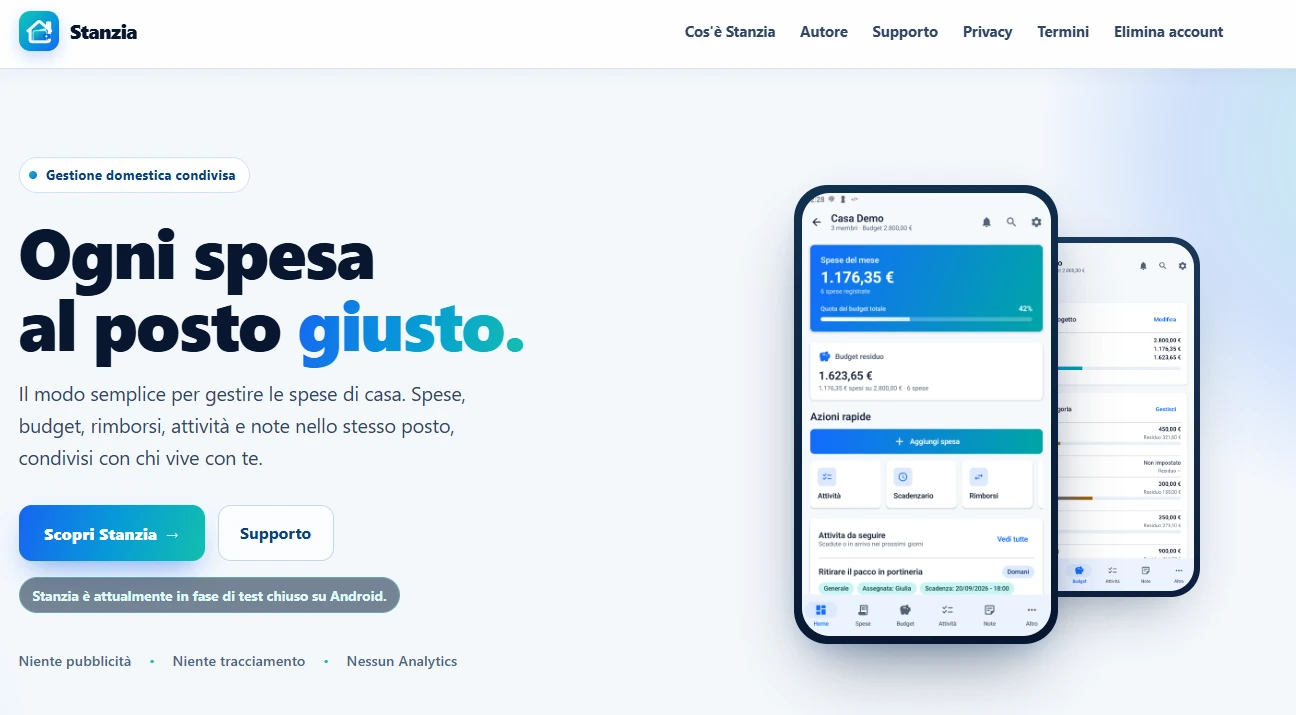 Home del sito Stanzia: hero, claim, call to action e schermata dell&rsquo;app