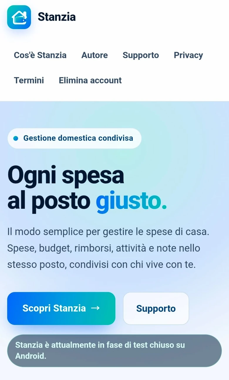 Sito Stanzia su mobile: testata, claim e call to action